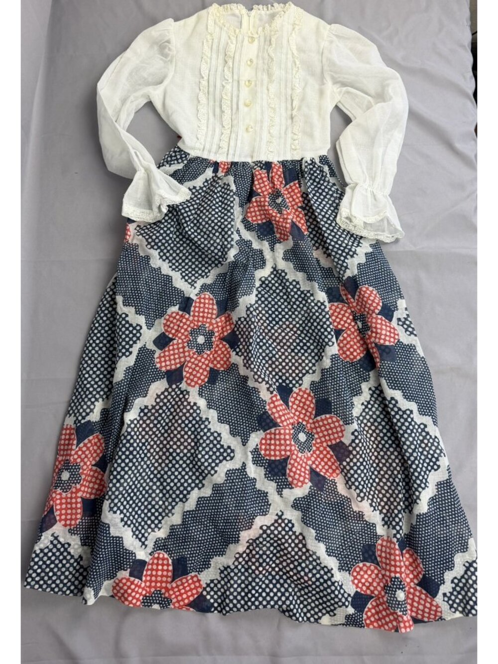 Vintage 70s Prairie Sheer Maxi Dress Lace Daisies Floral Girls Size 6-8 Large